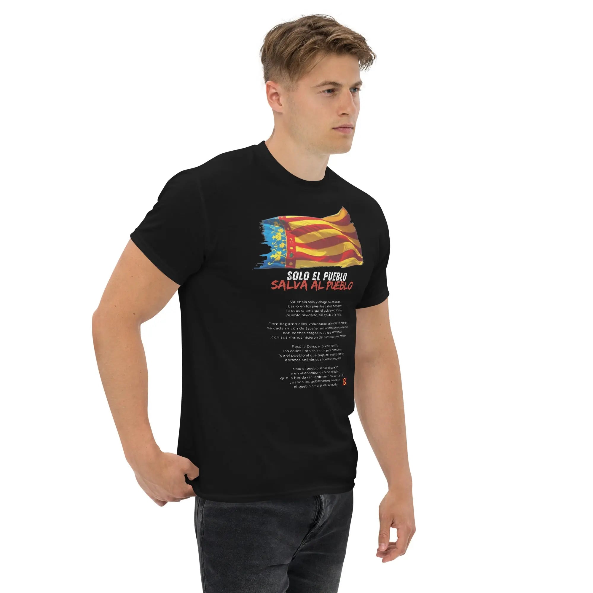 Comprar Camiseta Valencia Solo el pueblo salva al pueblo (con poema) - Manga corta unisex Bandera España La Flamenca de Borgoña Patricia Muñoz VOX