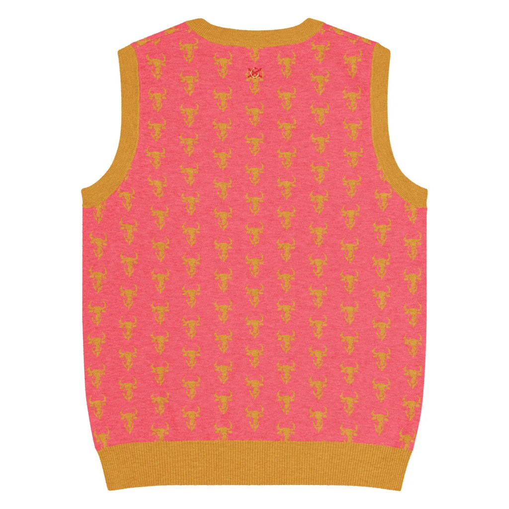 Comprar Chaleco Taurino rosa de punto con cuello pico Bandera España La Flamenca de Borgoña Patricia Muñoz VOX